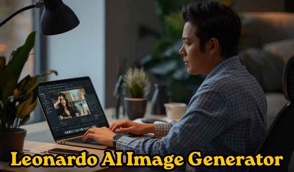 Artist sitting and using Leonardo AI Image Generator on laptop